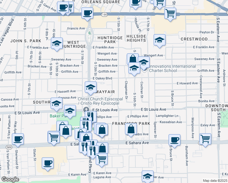 map of restaurants, bars, coffee shops, grocery stores, and more near 1717 South 14th Street in Las Vegas