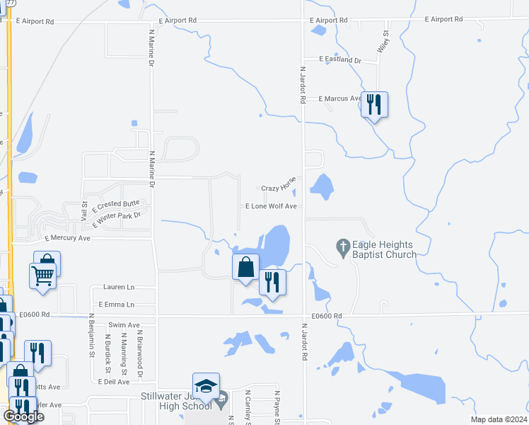 map of restaurants, bars, coffee shops, grocery stores, and more near 1903 East Lone Wolf Avenue in Stillwater