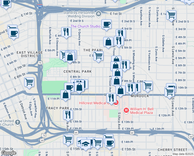 map of restaurants, bars, coffee shops, grocery stores, and more near 1520 East 8th Street in Tulsa