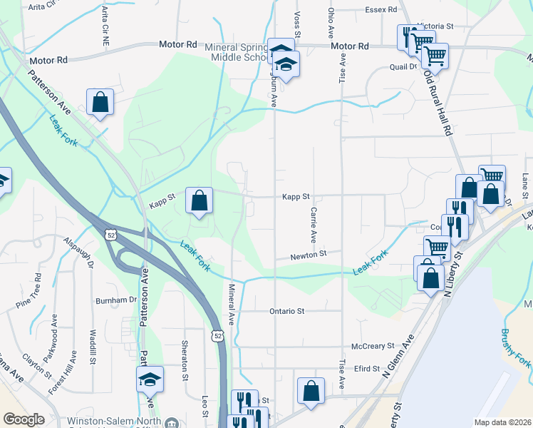 map of restaurants, bars, coffee shops, grocery stores, and more near 4360 Ogburn Avenue in Winston-Salem