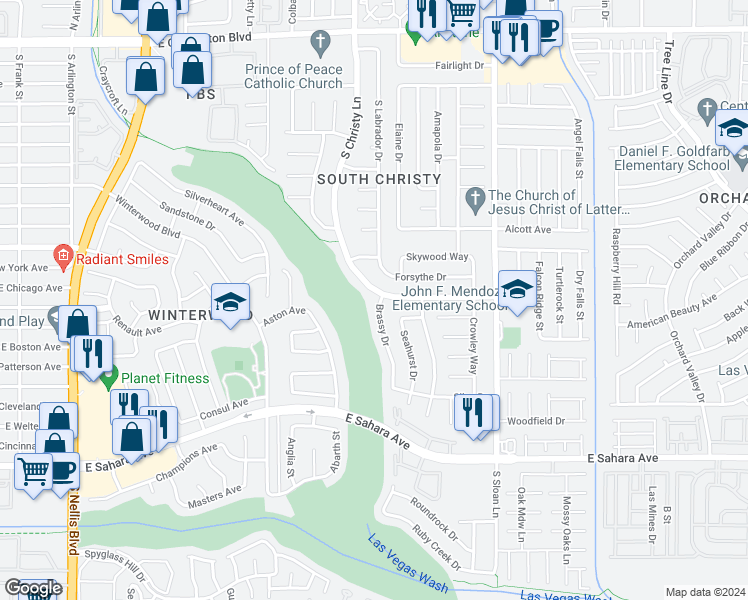 map of restaurants, bars, coffee shops, grocery stores, and more near 1985 Brassy Drive in Las Vegas