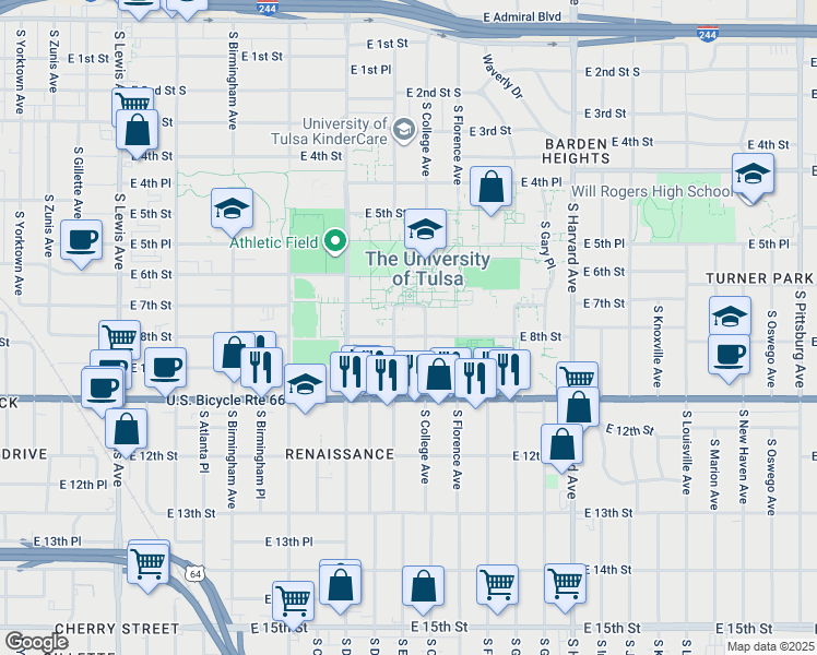 map of restaurants, bars, coffee shops, grocery stores, and more near 800 South Tucker Drive in Tulsa