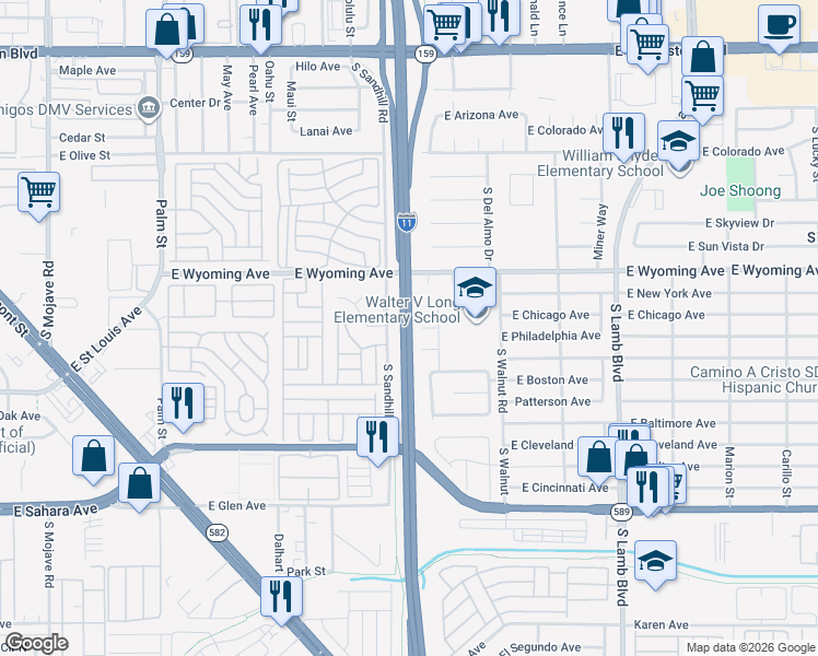 map of restaurants, bars, coffee shops, grocery stores, and more near Veterans Memorial Highway in Las Vegas