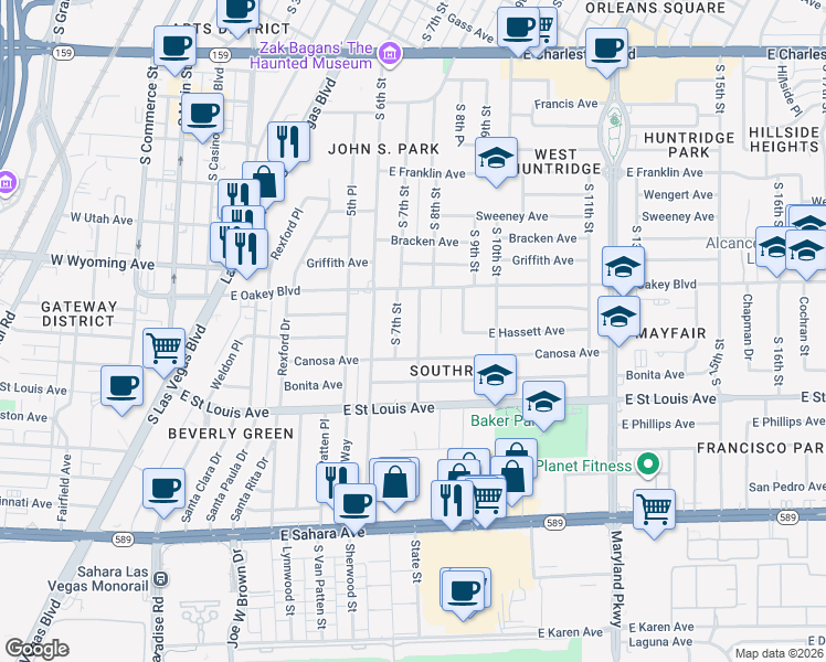 map of restaurants, bars, coffee shops, grocery stores, and more near 1807 South 8th Street in Las Vegas