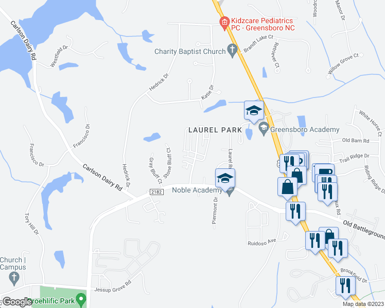 map of restaurants, bars, coffee shops, grocery stores, and more near 3601 Giovanni Way in Greensboro