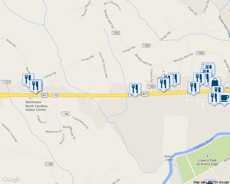 map of restaurants, bars, coffee shops, grocery stores, and more near 218 Zion Hill Church Road in Wilkesboro