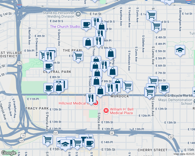 map of restaurants, bars, coffee shops, grocery stores, and more near 740 South Utica Avenue in Tulsa