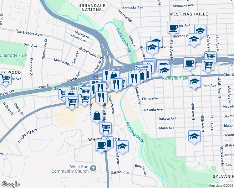 map of restaurants, bars, coffee shops, grocery stores, and more near 5515 Charlotte Pike in Nashville