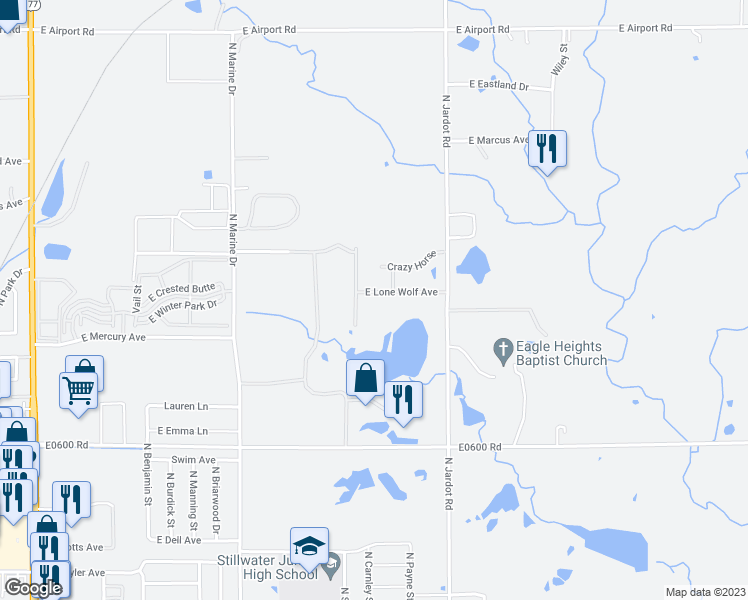 map of restaurants, bars, coffee shops, grocery stores, and more near 1805 East Lone Wolf Avenue in Stillwater