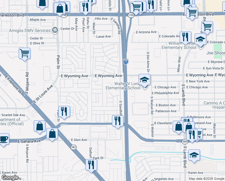 map of restaurants, bars, coffee shops, grocery stores, and more near 268 Maycliff Drive in Las Vegas