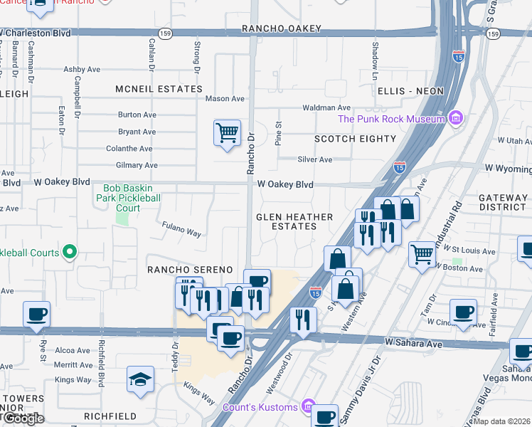 map of restaurants, bars, coffee shops, grocery stores, and more near 2208 Kirkland Avenue in Las Vegas