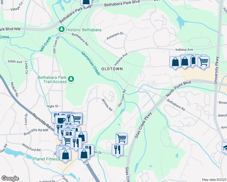 map of restaurants, bars, coffee shops, grocery stores, and more near 1212 Bethabara Hills Court in Winston-Salem