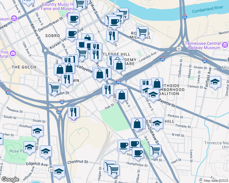 map of restaurants, bars, coffee shops, grocery stores, and more near 919 4th Avenue South in Nashville