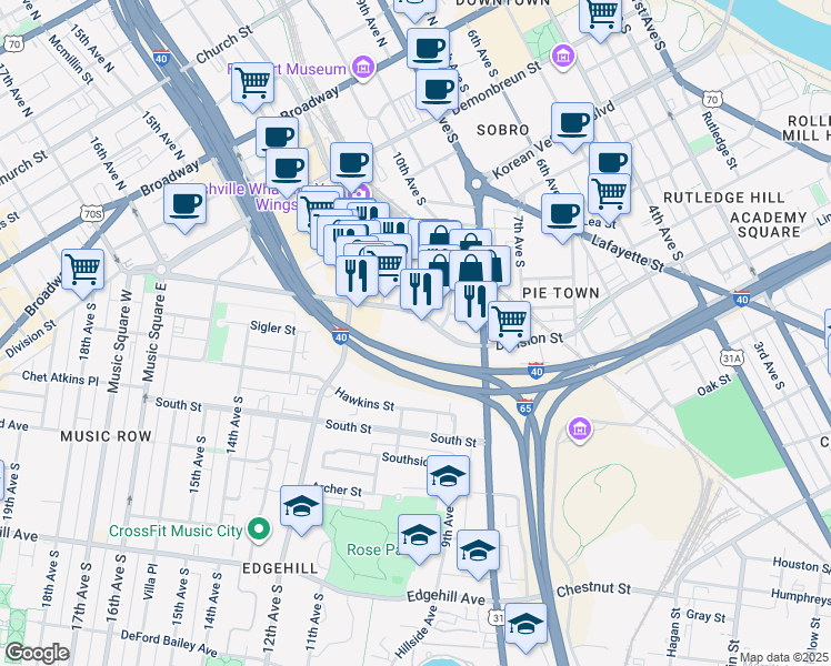 map of restaurants, bars, coffee shops, grocery stores, and more near 909 Division Street in Nashville