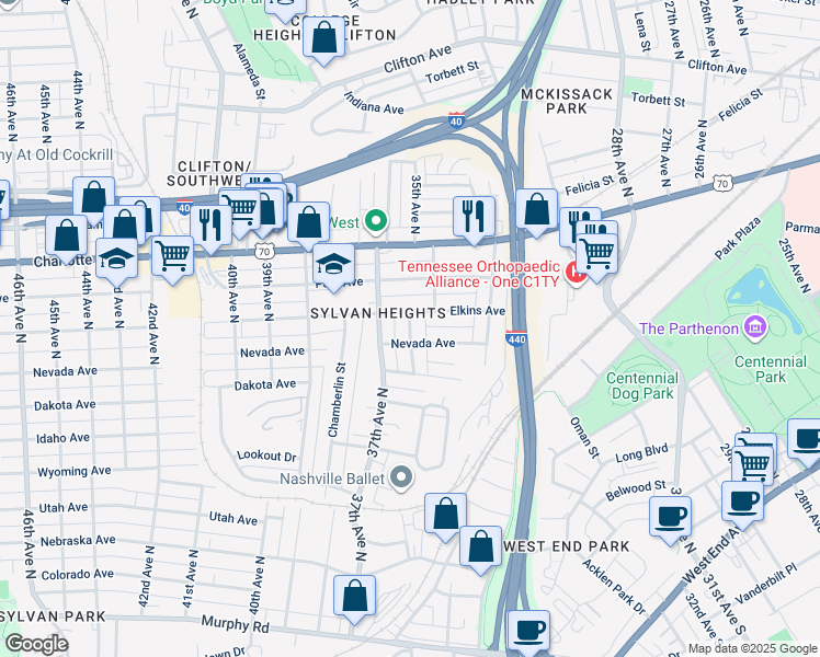 map of restaurants, bars, coffee shops, grocery stores, and more near 302 37th Avenue North in Nashville