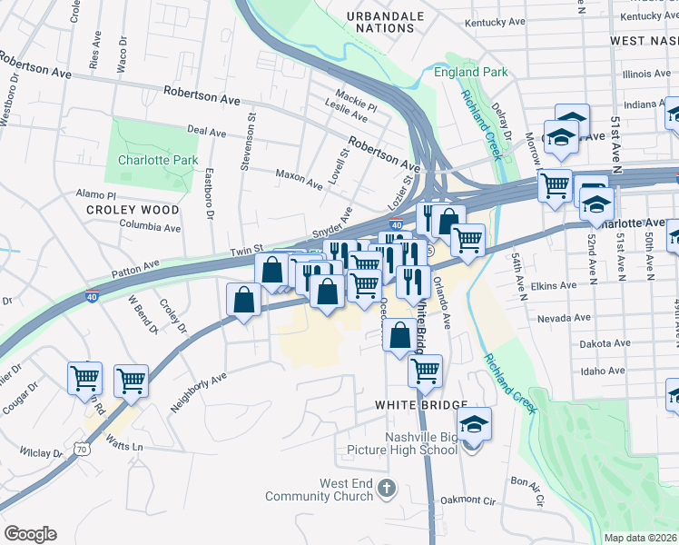map of restaurants, bars, coffee shops, grocery stores, and more near 5645 Obrien Avenue in Nashville