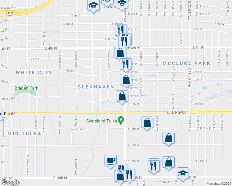 map of restaurants, bars, coffee shops, grocery stores, and more near 6335 E 9th St East Avenue in Tulsa