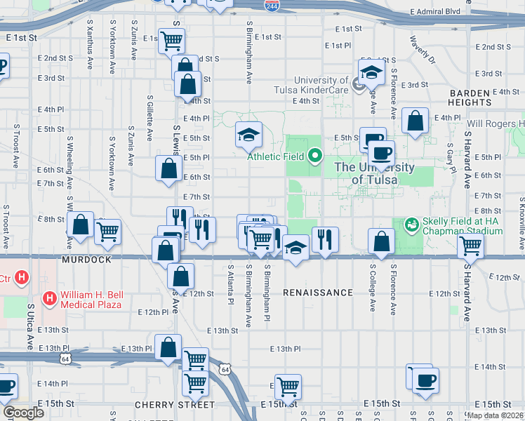 map of restaurants, bars, coffee shops, grocery stores, and more near 2605 East 8th Street in Tulsa