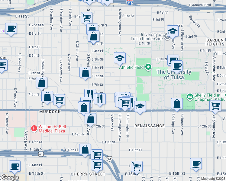 map of restaurants, bars, coffee shops, grocery stores, and more near 2519 East 8th Street in Tulsa