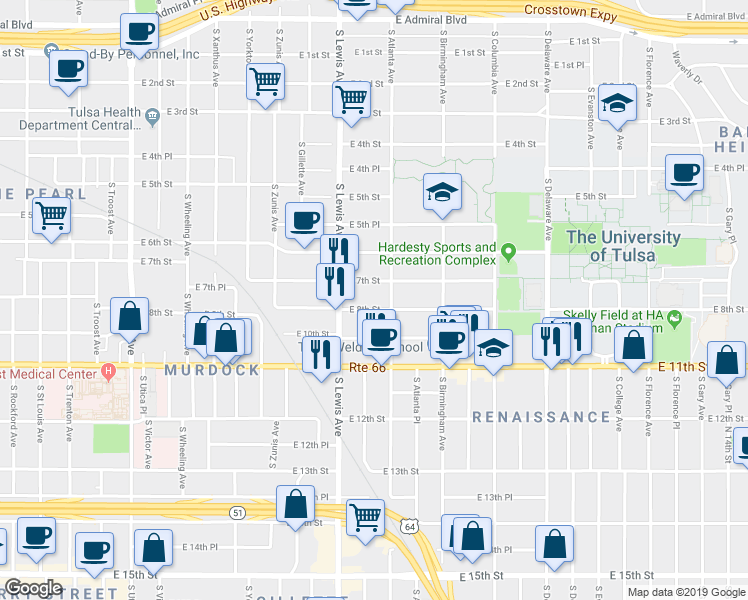map of restaurants, bars, coffee shops, grocery stores, and more near 2431 East 8th Street in Tulsa