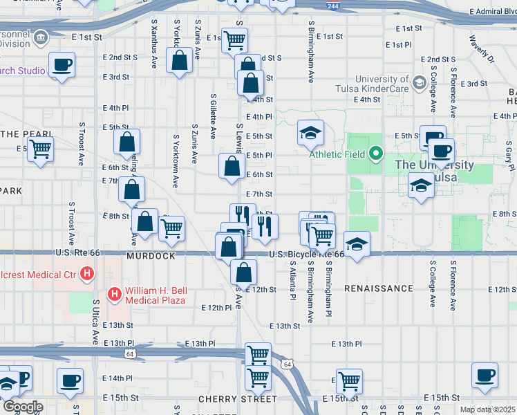 map of restaurants, bars, coffee shops, grocery stores, and more near 2431 East 8th Street in Tulsa