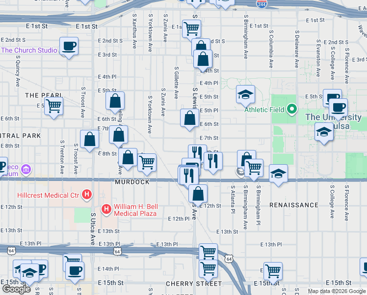 map of restaurants, bars, coffee shops, grocery stores, and more near 2233 East 8th Street in Tulsa