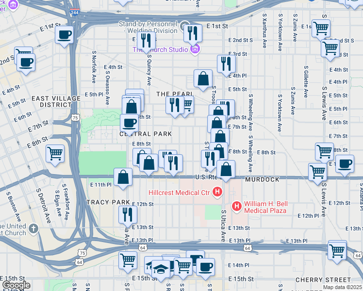 map of restaurants, bars, coffee shops, grocery stores, and more near 1520 East 8th Street in Tulsa
