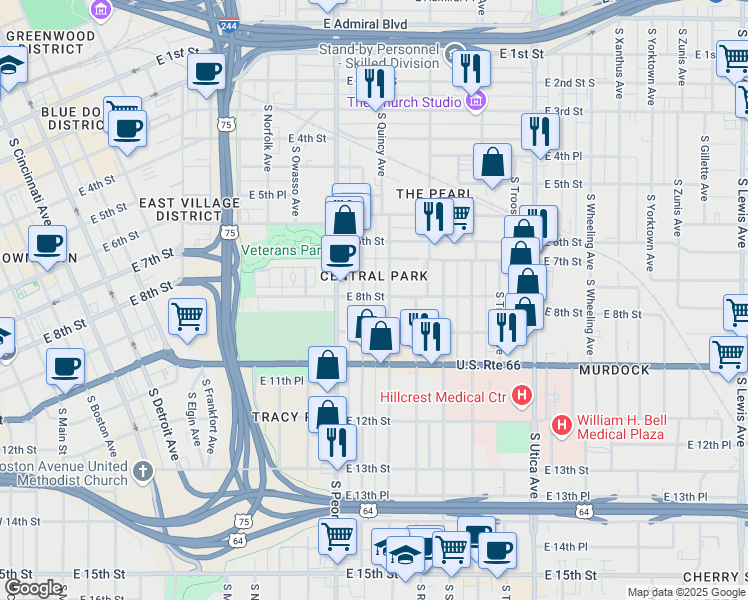 map of restaurants, bars, coffee shops, grocery stores, and more near 805 South Quaker Avenue in Tulsa