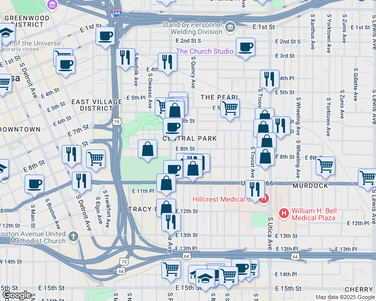 map of restaurants, bars, coffee shops, grocery stores, and more near 805 South Quaker Avenue in Tulsa