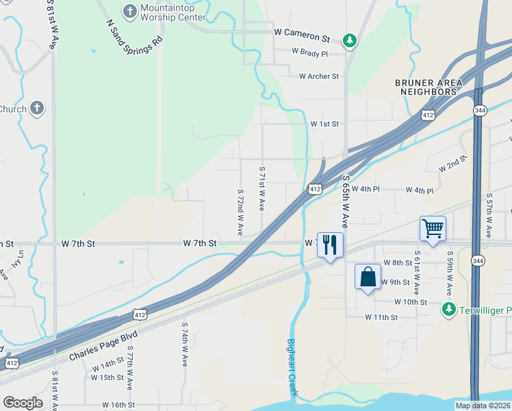 map of restaurants, bars, coffee shops, grocery stores, and more near 431 South 71st West Avenue in Tulsa
