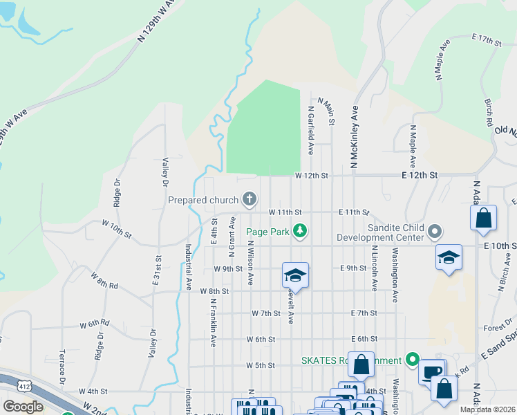 map of restaurants, bars, coffee shops, grocery stores, and more near 417 West 11th Street in Sand Springs