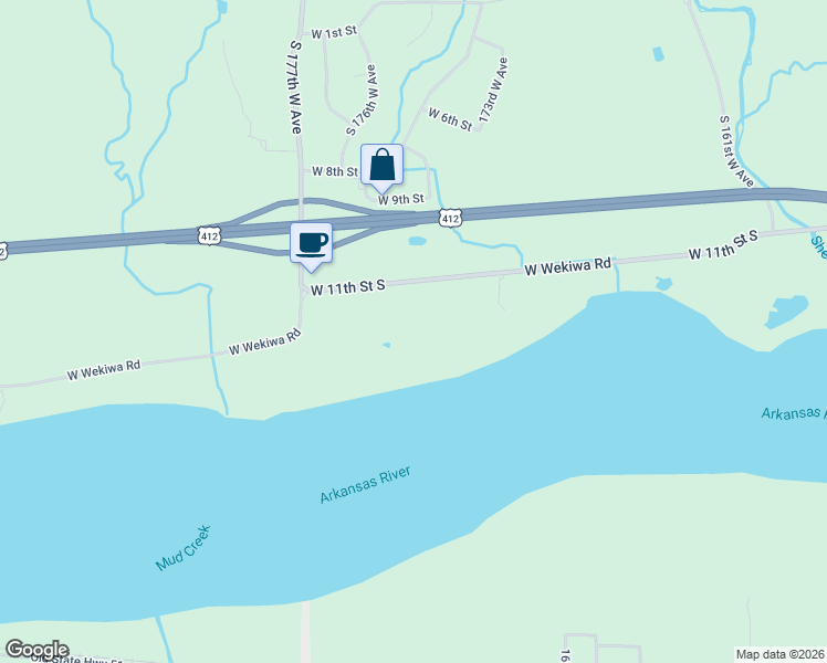 map of restaurants, bars, coffee shops, grocery stores, and more near 17306 West Wekiwa Road in Sand Springs