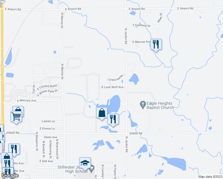 map of restaurants, bars, coffee shops, grocery stores, and more near 1921 East Lone Wolf Avenue in Stillwater