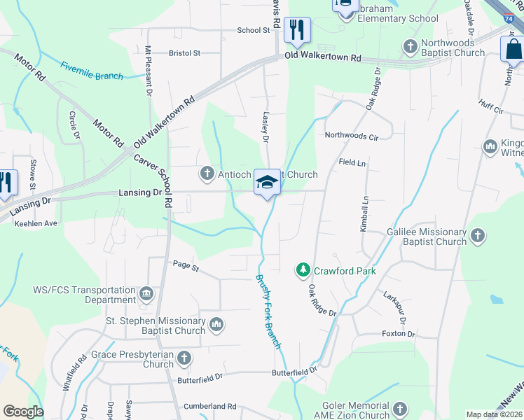 map of restaurants, bars, coffee shops, grocery stores, and more near 5012 Lansing Drive in Winston-Salem