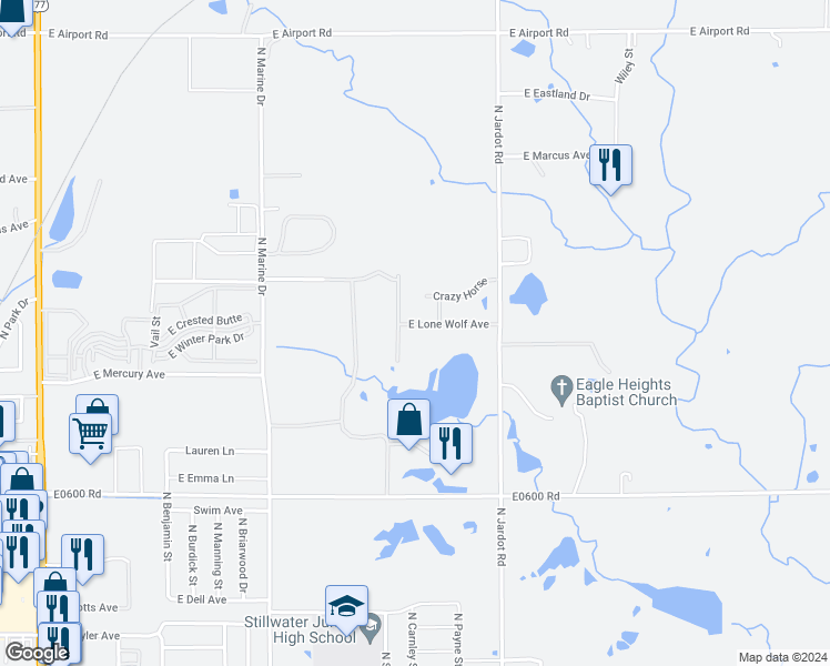 map of restaurants, bars, coffee shops, grocery stores, and more near 1803 East Lone Wolf Avenue in Stillwater