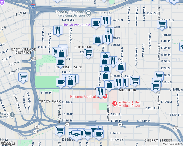 map of restaurants, bars, coffee shops, grocery stores, and more near 802 South Trenton Avenue in Tulsa