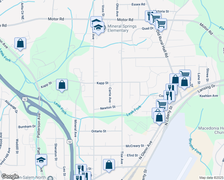 map of restaurants, bars, coffee shops, grocery stores, and more near 4365 Carrie Avenue in Winston-Salem