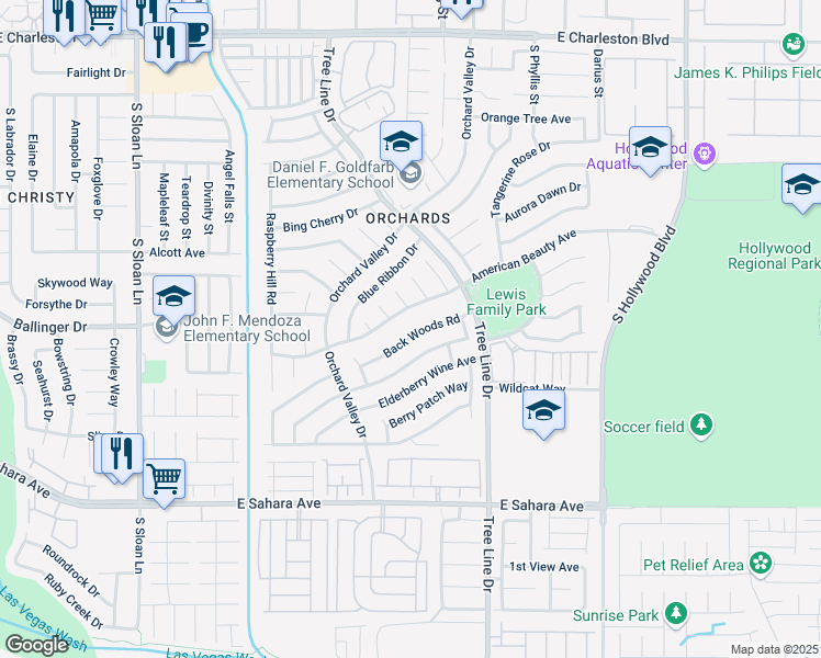 map of restaurants, bars, coffee shops, grocery stores, and more near 6276 Back Woods Road in Las Vegas