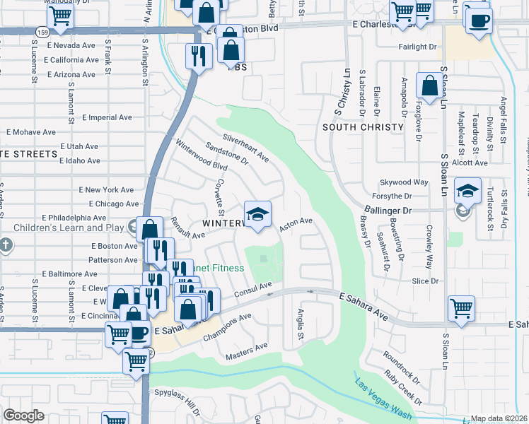 map of restaurants, bars, coffee shops, grocery stores, and more near Winterwood Boulevard in Sunrise Manor