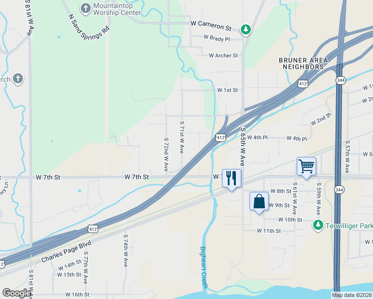 map of restaurants, bars, coffee shops, grocery stores, and more near 431 South 71st West Avenue in Tulsa