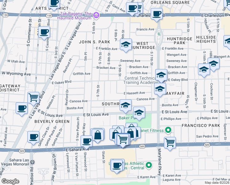 map of restaurants, bars, coffee shops, grocery stores, and more near 1816 South 9th Street in Las Vegas
