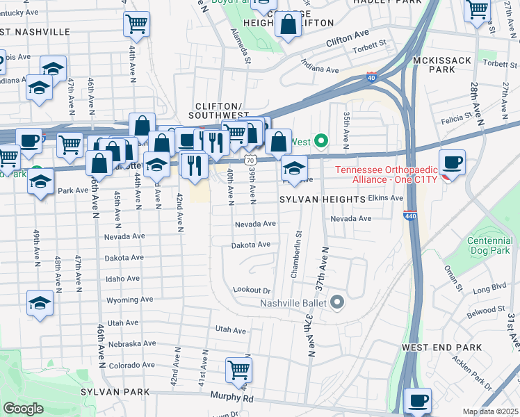 map of restaurants, bars, coffee shops, grocery stores, and more near 3811 Elkins Avenue in Nashville