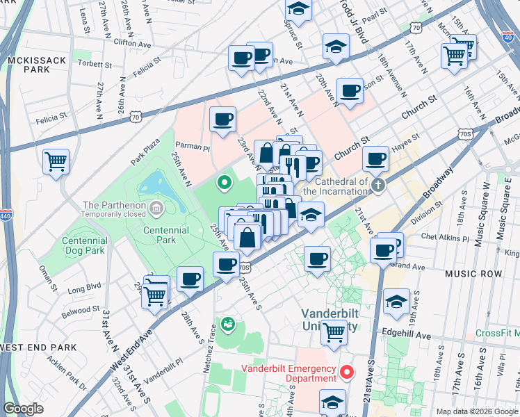 map of restaurants, bars, coffee shops, grocery stores, and more near in Nashville