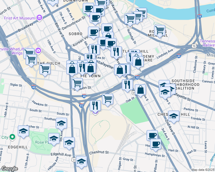 map of restaurants, bars, coffee shops, grocery stores, and more near 825 6th Avenue South in Nashville