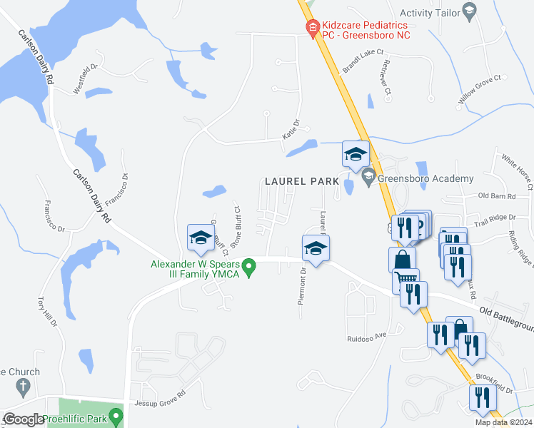 map of restaurants, bars, coffee shops, grocery stores, and more near 3603 Giovanni Way in Greensboro
