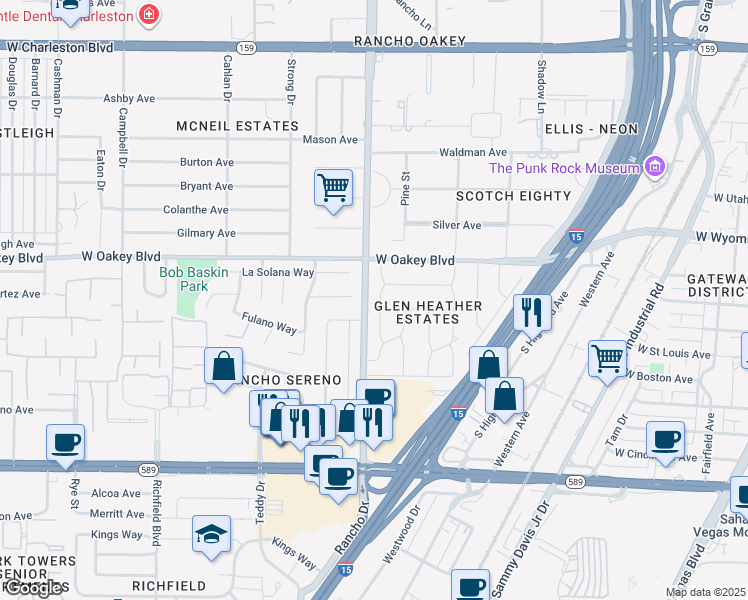 map of restaurants, bars, coffee shops, grocery stores, and more near 1501 Bryn Mawr Avenue in Las Vegas