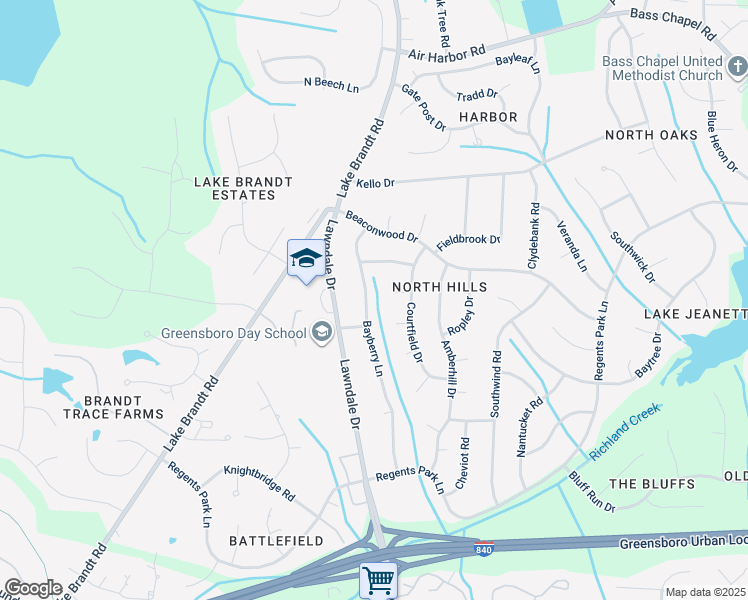 map of restaurants, bars, coffee shops, grocery stores, and more near 5306 Bayberry Lane in Greensboro