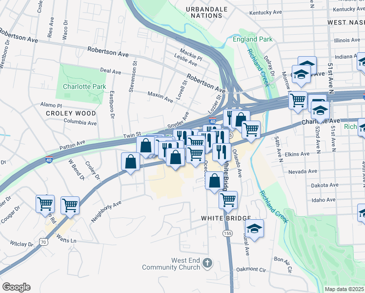 map of restaurants, bars, coffee shops, grocery stores, and more near 5645 Obrien Avenue in Nashville