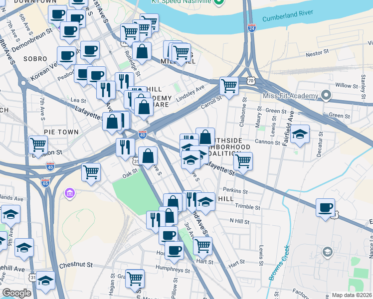 map of restaurants, bars, coffee shops, grocery stores, and more near 76 Lafayette Street in Nashville