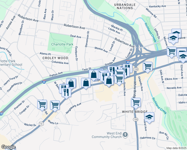 map of restaurants, bars, coffee shops, grocery stores, and more near 5922 Obrien Avenue in Nashville